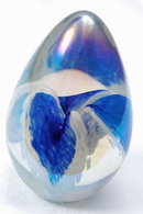 Hand blown Art Glass Paperweight Egg Beautiful Blue White Clear Oval