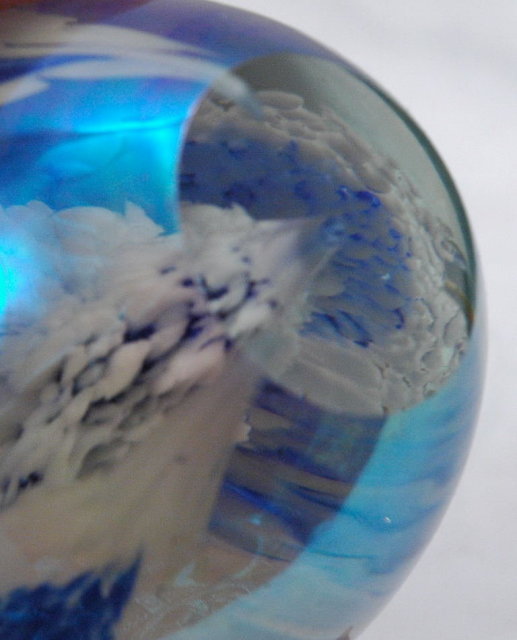 Hand blown Art Glass Paperweight Egg Beautiful Blue White Clear Oval