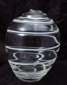 Hand Blown Studio Art Glass Vase with White Swirl Lines