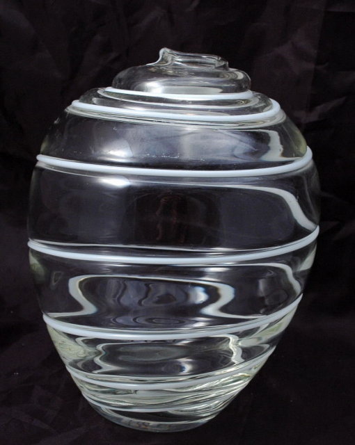 Hand Blown Studio Art Glass Vase with White Swirl Lines