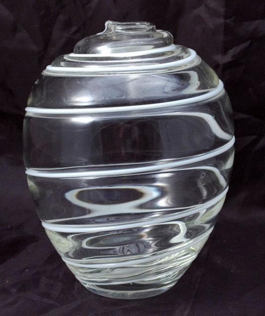 Hand Blown Studio Art Glass Vase with White Swirl Lines
