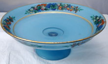 Blue Frosted Glass Pedestal Open Compote with hand painted design /gold trim