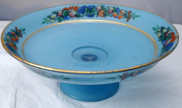 Blue Frosted Glass Pedestal Open Compote with hand painted design /gold trim