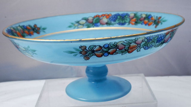 Blue Frosted Glass Pedestal Open Compote with hand painted design /gold trim