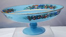 Blue Frosted Glass Pedestal Open Compote with hand painted design /gold trim