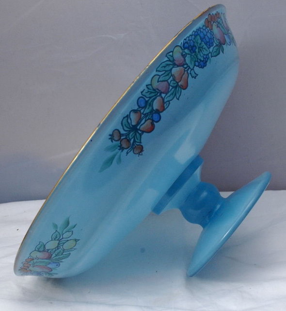 Blue Frosted Glass Pedestal Open Compote with hand painted design /gold trim