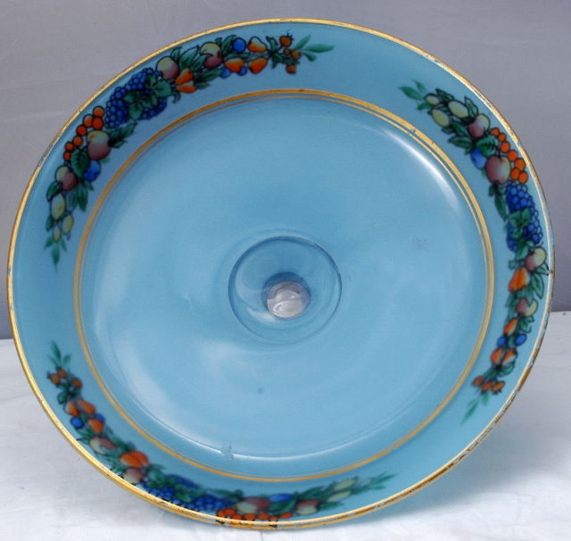 Blue Frosted Glass Pedestal Open Compote with hand painted design /gold trim