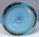 Blue Frosted Glass Pedestal Open Compote with hand painted design /gold trim