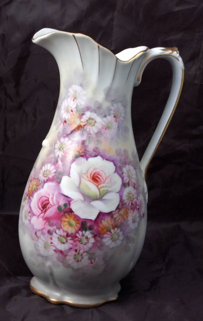 Tall Porcelain Ewer Pitcher, Hand Painted **PRICE REDUCTION**!Flowers with Gold Trim