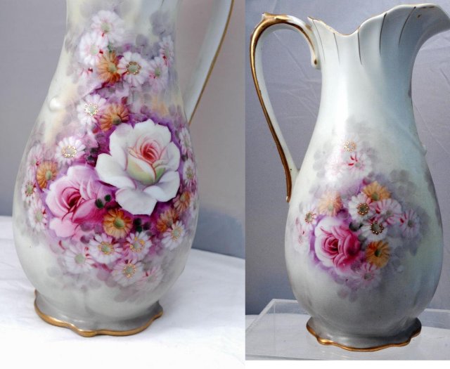 Tall Porcelain Ewer Pitcher, Hand Painted **PRICE REDUCTION**!Flowers with Gold Trim