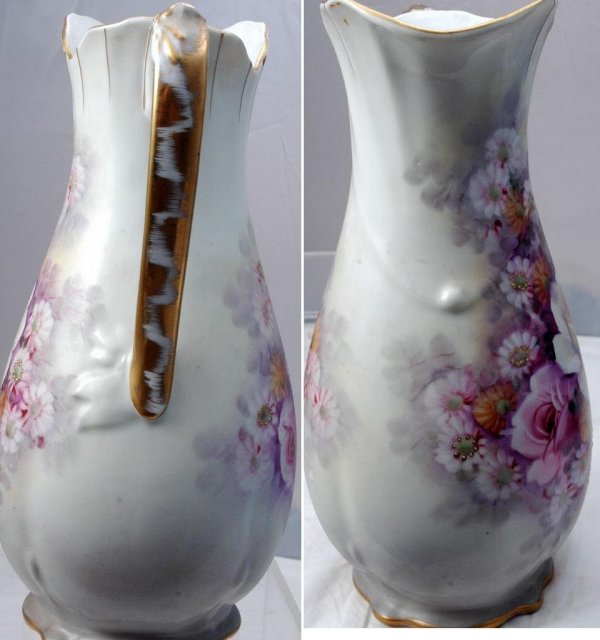 Tall Porcelain Ewer Pitcher, Hand Painted **PRICE REDUCTION**!Flowers with Gold Trim