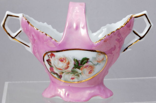 GERMAN PORCELAIN BASKET Hand painted Roses & Gold Leaf