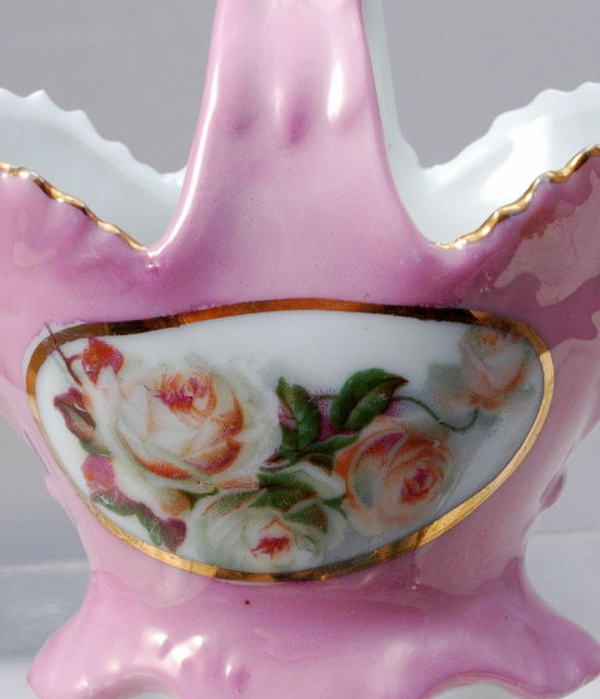 GERMAN PORCELAIN BASKET Hand painted Roses & Gold Leaf