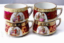 4 Demitasse Cup Romantic Colonial Scenes with Gold Gilding