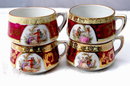 4 Demitasse Cup Romantic Colonial Scenes with Gold Gilding
