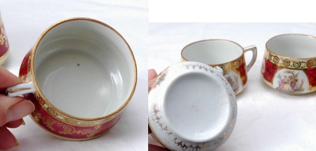 4 Demitasse Cup Romantic Colonial Scenes with Gold Gilding
