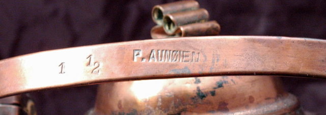 Norwegian Hammered Copper Tea Kettle hand crafted signed P. Aunøien ( to use on a wood stove)