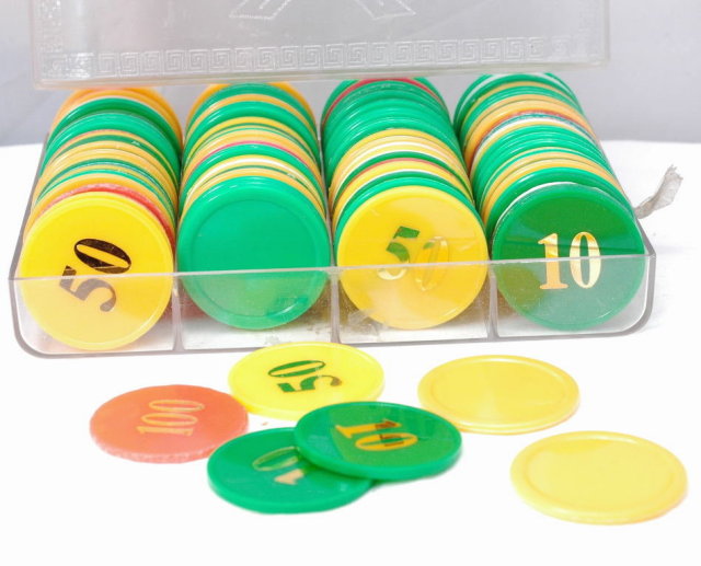 Chinese Gambling Game Chips in Clear Plastic Box Rack * PRICE REDUCED !*