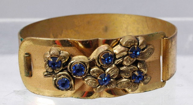 Blue Rhinestones & Wide Brass Hinged Bangle Bracelet -Vintage