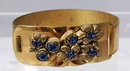 Blue Rhinestones & Wide Brass Hinged Bangle Bracelet -Vintage