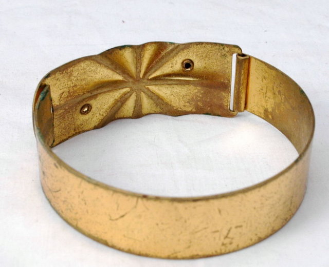 Blue Rhinestones & Wide Brass Hinged Bangle Bracelet -Vintage