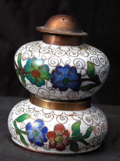 Chinese Export Stacking Cloisonne Salt Cellar & Pepper Shaker