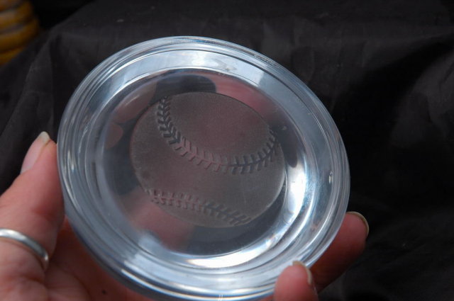 Laser Etched Baseball Crystal Glass Dome Paperweight.PRICE REDUCTION!