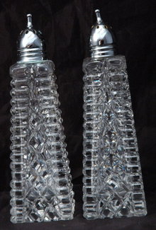 Crystal Glass Salt & Pepper Shakers Tall Pressed Polished