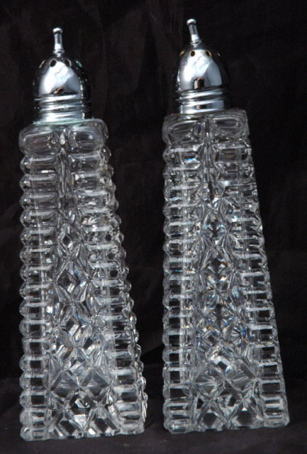 Crystal Glass Salt & Pepper Shakers Tall Pressed Polished