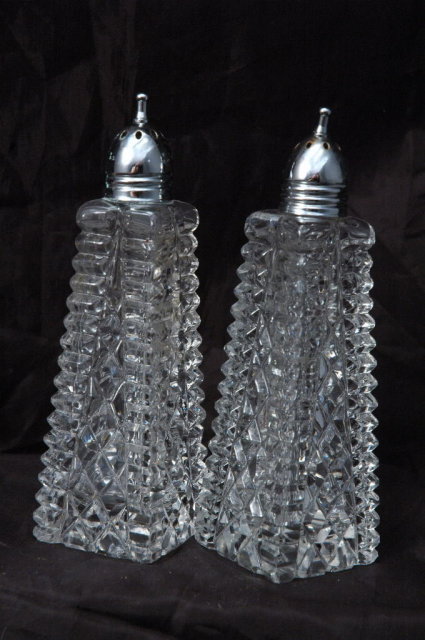 Crystal Glass Salt & Pepper Shakers Tall Pressed Polished