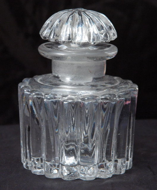 Vintage Pressed Crystal Glass Ink Bottle with Ground Glass Stopper, Fancy