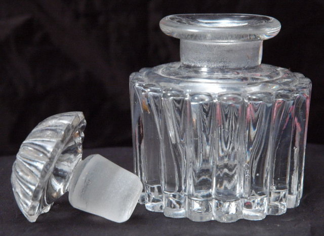 Vintage Pressed Crystal Glass Ink Bottle with Ground Glass Stopper, Fancy