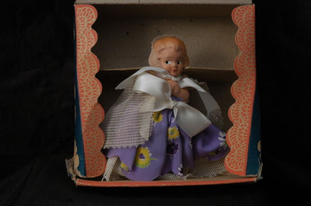 Little Flower Girl Doll Figurine in Box /Composition/ Googly Eyes