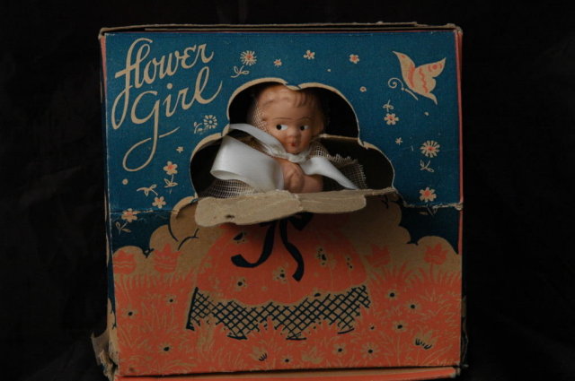 Little Flower Girl Doll Figurine in Box /Composition/ Googly Eyes