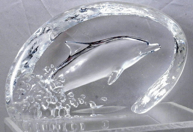 Crystal Glass Dolphin Reverse Sculptured Paperweight / signed & numbered PRICE REDUCTION!