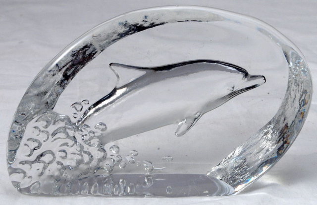 Crystal Glass Dolphin Reverse Sculptured Paperweight / signed & numbered PRICE REDUCTION!