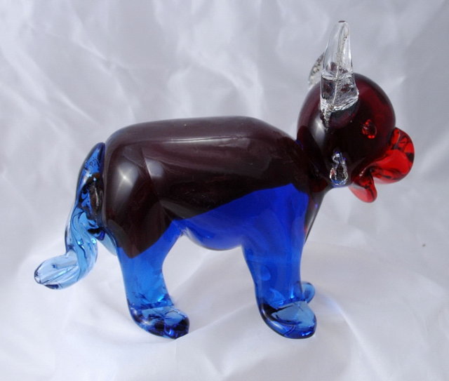 Murano Hand Blown Glass Bull Paper Weight Blue and Red