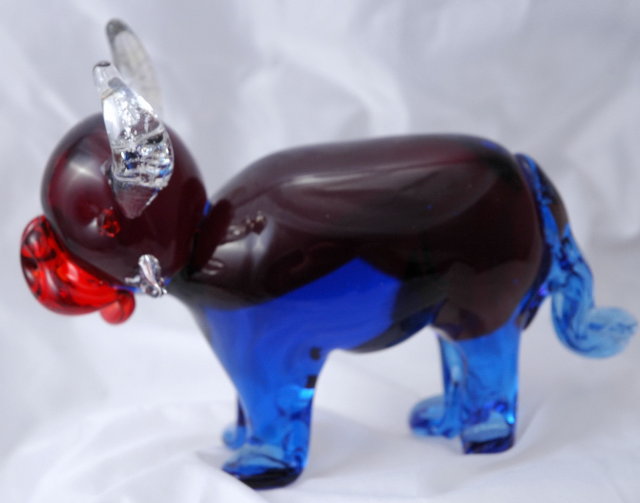 Murano Hand Blown Glass Bull Paper Weight Blue and Red