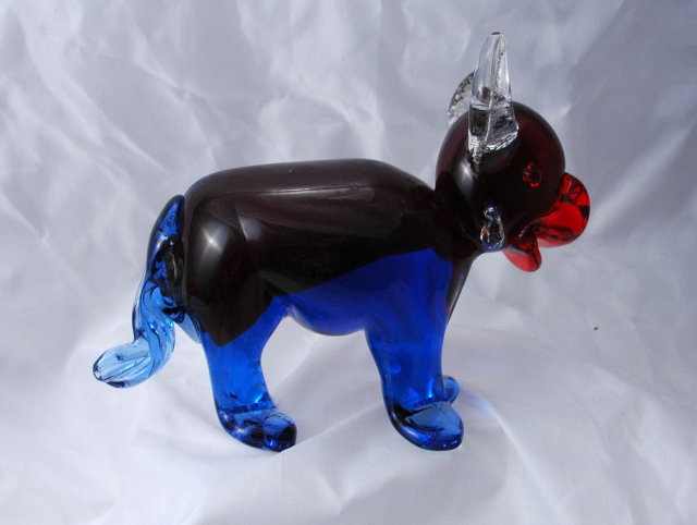 Murano Hand Blown Glass Bull Paper Weight Blue and Red