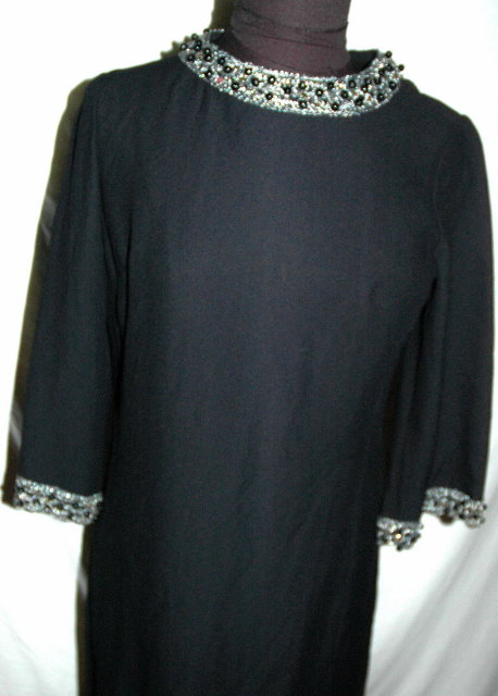 Black Wool Crepe Dress with Beaded Collar and trim