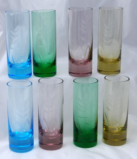 Set of Vintage Depression Glass Cordial 8 pieces Multi- Colored & Etched