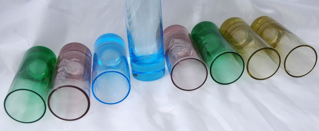 Set of Vintage Depression Glass Cordial 8 pieces Multi- Colored & Etched