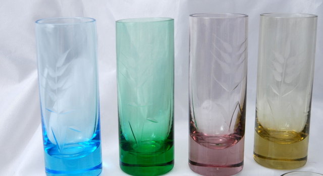 Set of Vintage Depression Glass Cordial 8 pieces Multi- Colored & Etched