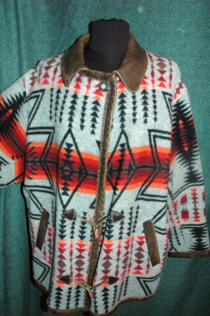 Navajo Design Wool Coat, Leather Trim, vintage