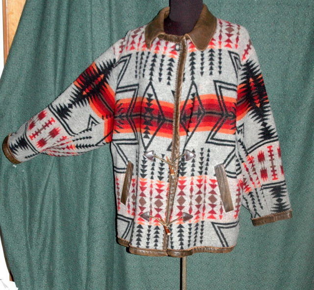 Navajo Design Wool Coat, Leather Trim, vintage