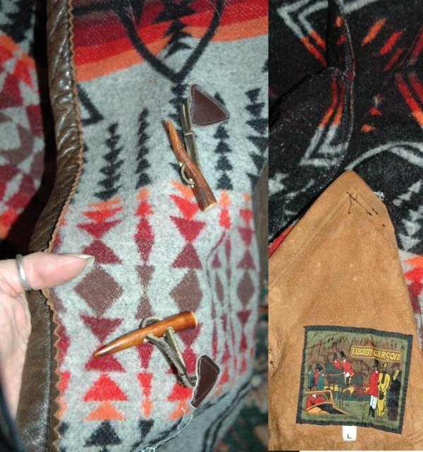 Navajo Design Wool Coat, Leather Trim, vintage