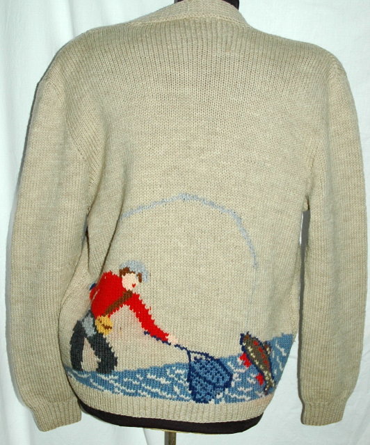 Big Lebowski Wool Shawl Collar Sweater Fly Fisherman Theme, Hand Knit Wool