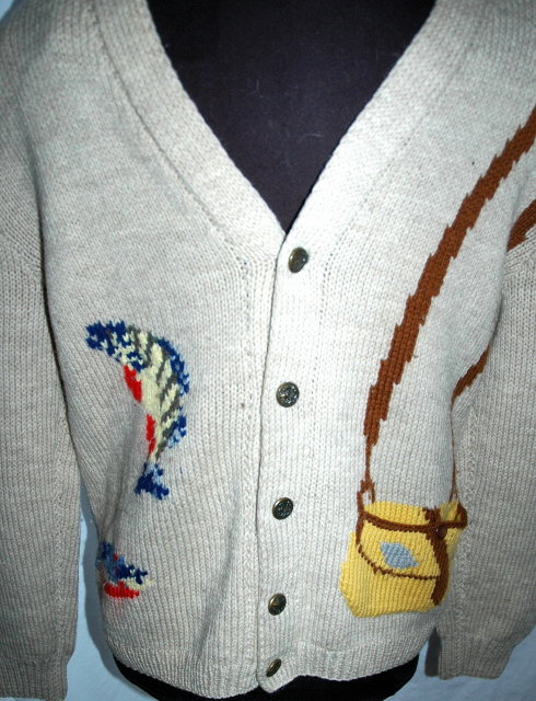 Big Lebowski Wool Shawl Collar Sweater Fly Fisherman Theme, Hand Knit Wool