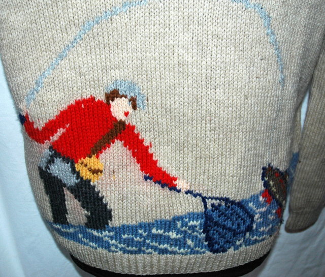 Big Lebowski Wool Shawl Collar Sweater Fly Fisherman Theme, Hand Knit Wool