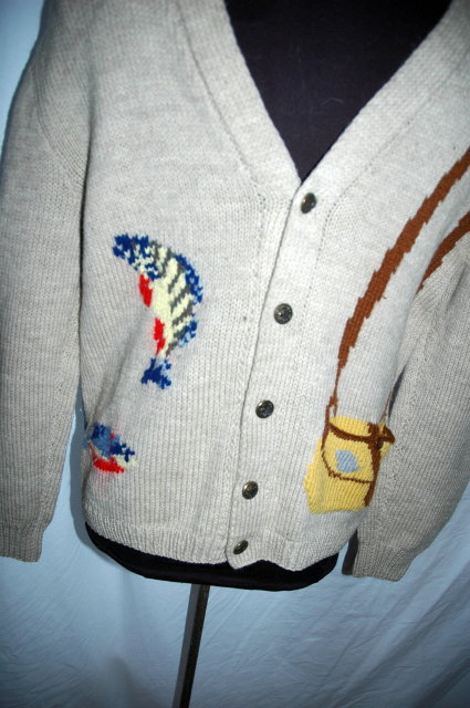 Big Lebowski Wool Shawl Collar Sweater Fly Fisherman Theme, Hand Knit Wool